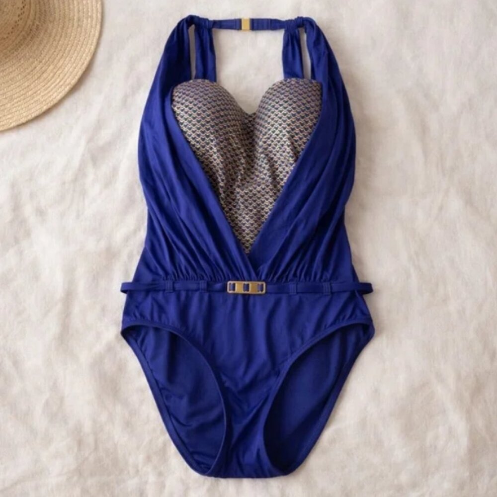 La Vie En Rose Blue & Gold Shaping Swimsuit (Halter/Bustier-Style Support)